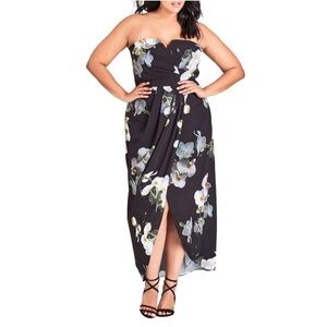 City Chic Floral Strapless Faux Wrap Maxi Dress Wedding Event Black 18